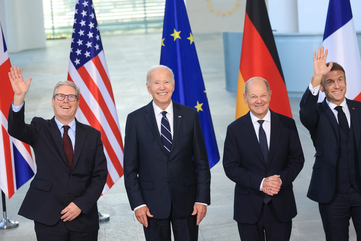 Premier Wielkiej Brytanii Keir Starmer, prezydent USA Joe Biden, kanclerz Niemiec Olaf Scholz i prezydent Francji Emmanuel Macron. Berlin, Niemcy, 18.10.2024