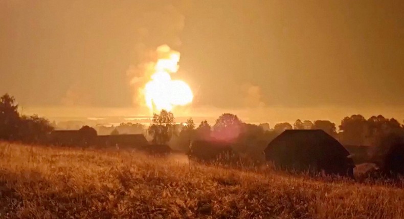 Flames rise during an explosion in Toropets, Russia in this screen grab obtained from a social media video released on September 18.Social Media/via REUTERS