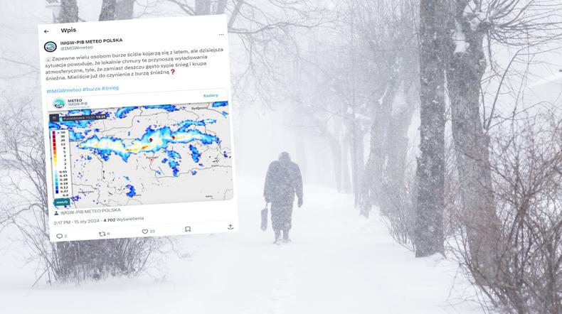 Przez Polskę przechodzą burze śnieżne (screen: https://twitter.com/IMGWmeteo/status/1746884349985697795)