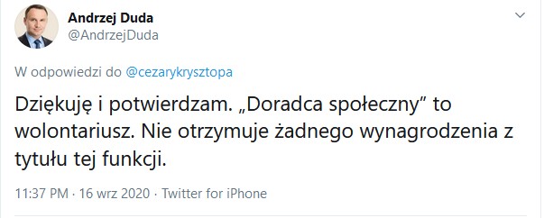 Wpis Andrzeja Dudy na Twitterze nt. jego doradców społecznych