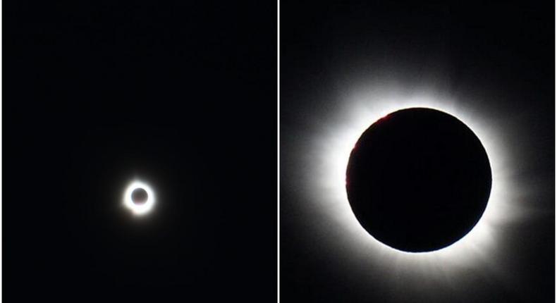 My photo of the total solar eclipse (left) next to a professional shot of a total solar eclipse from 2015 (right).Ellyn Lapointe / Damien Deltenre/Wikimedia Commons