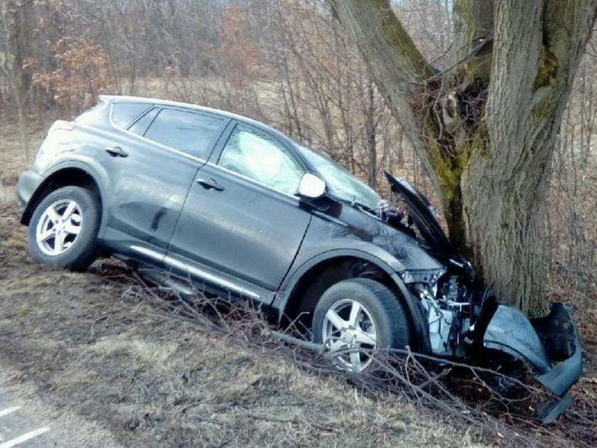 Kierująca osobówką zjechała na przeciwny pas ruchu i uderzyła w drzewo