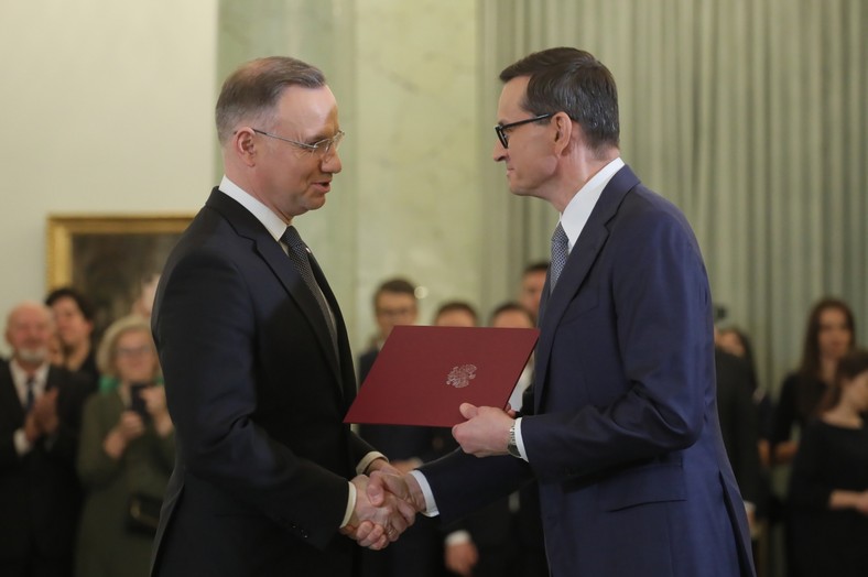 Andrzej Duda i Mateusz Morawiecki w Pałacu Prezydenckim w Warszawie, 27 listopada 2023 r.