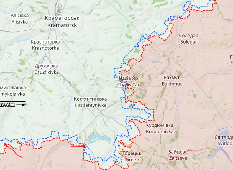 Mape pokazuju da je Časiv Jar većinski pod ruskom kontrolom