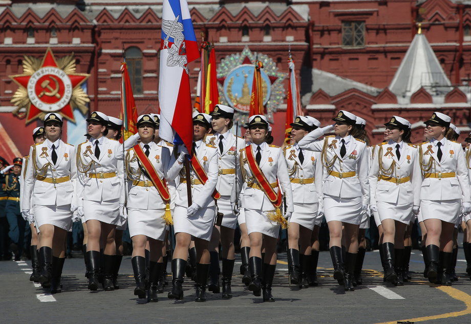 Russian servicewomen march during the Victory Day parade, marking the 71st anniversary of the victory over Nazi Germany in World War Two, at Red Square in Moscow, Russia, May 9, 2016.