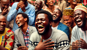 An AI-generated image of a lively scene depicting a black Kenyan man laughing loudly while using his smartphone, surrounded by a group of Kenyan people in a social gathering