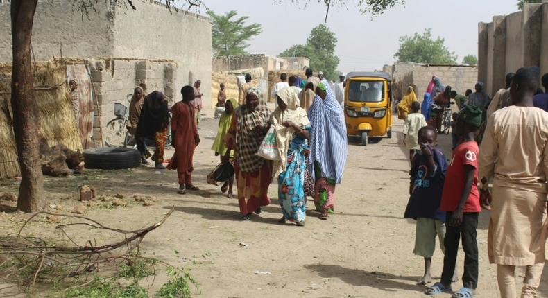 Maiduguri residents (pictured April 7, 2019, after a double suicide attack) were evacuated for their safety as a result of ongoing operations to flush out insurgents in the area