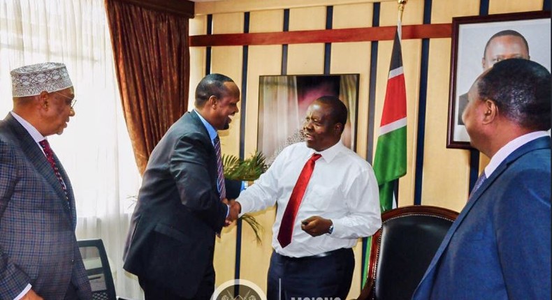 Ministry of Interior and Coordination of National Government  CS Fred Matiangi at a past meeting with leaders from Mandera. At least 70 Deputy County Commissioners have been transfered