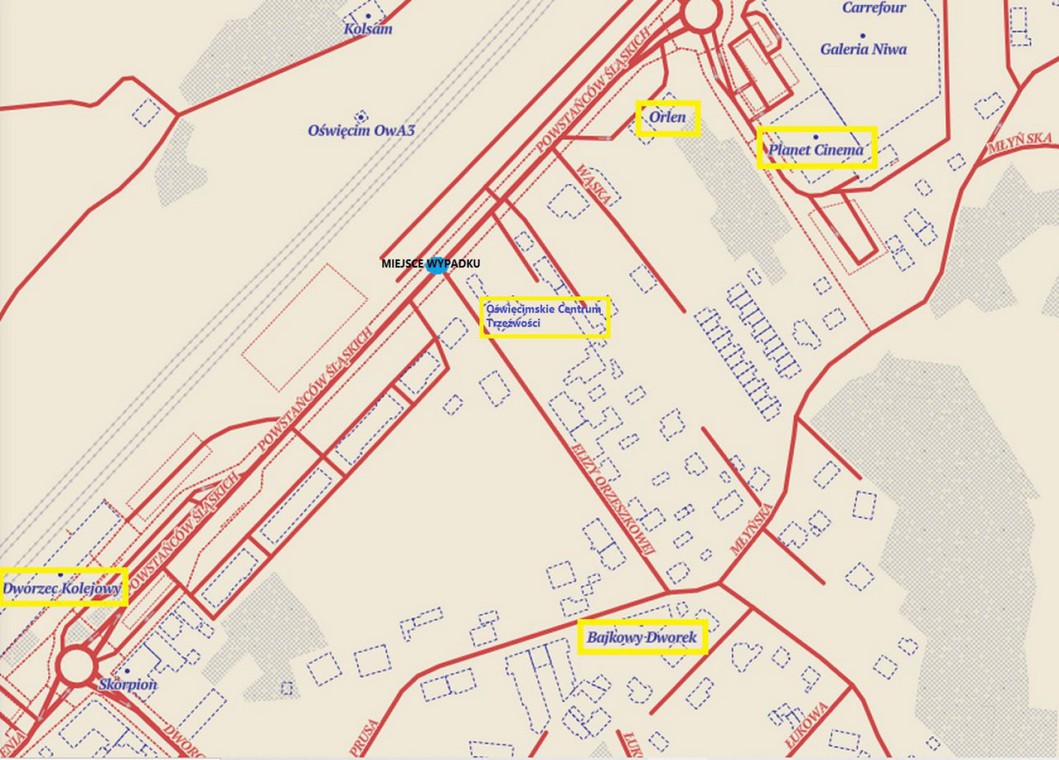 Mapa sytuacyjna miejsca wypadku. Opracowanie: Dariusz Kałan