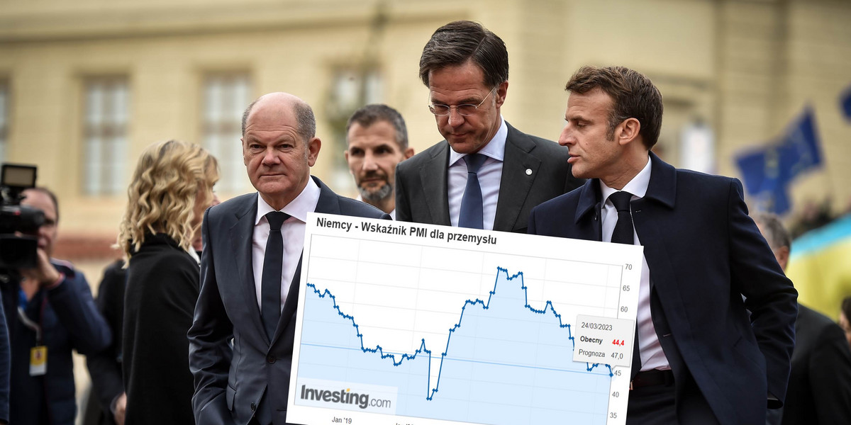Olaf Sholtz (z lewej) ma problem, bo przemysł w Niemczech się sypie. Emmanuel Macron (z prawej) ma tylko trochę lepsze wiadomości.