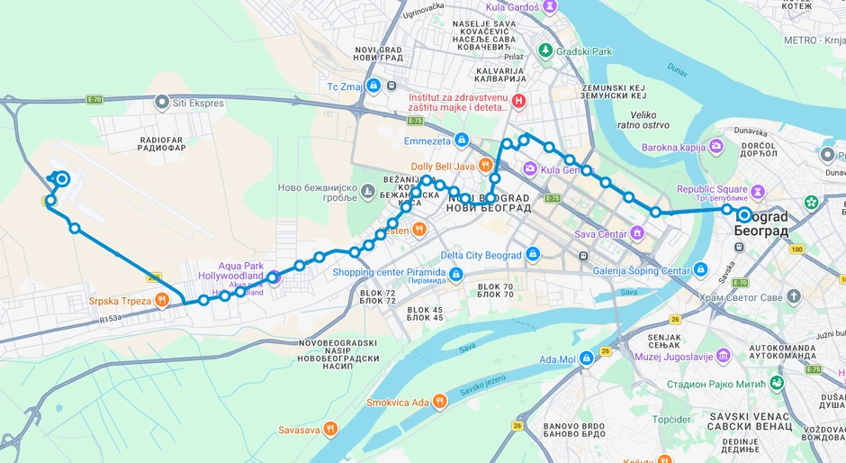 Trasa linije 72 u smeru od aerodroma Nikola Tesla