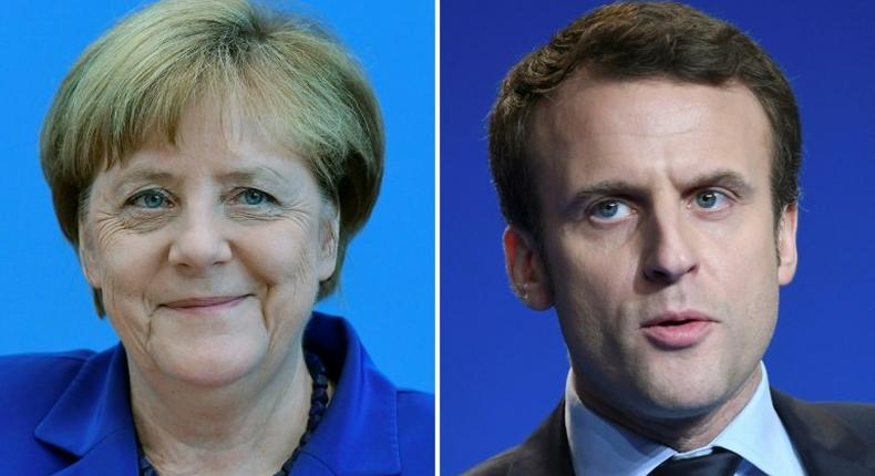German Chancellor Angela Merkel (L) said she had absolutely no doubt that Emmanuel Macron (R) will be a strong president if he is elected