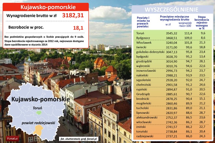 Kujawsko-pomorskie należy do najbiedniejszych województw w kraju. Żaden z powiatów nie osiągnął w 2012 roku poziomu zarobków powyżej średniej krajowej. W ponad połowie powiatów średnie wynagrodzenie nie osiąga nawet 3 tys. zł. Województwo nie jest znane z wielkich gospodarczych inwestycji. Wyróżnia się jednak sporym bogactwem surowców naturalnych. Do najważniejszych należą wapienie jurajskie (eksploatowane w rejonie Barcina, Pakości i Piechcina) oraz złoża soli kamiennej w okolicach Inowrocławia, Góry i Mogilna. Eksploatacja soli (2,7 mln ton) w województwie stanowi ponad 84 proc. ogólnokrajowego wydobycia tego surowca.