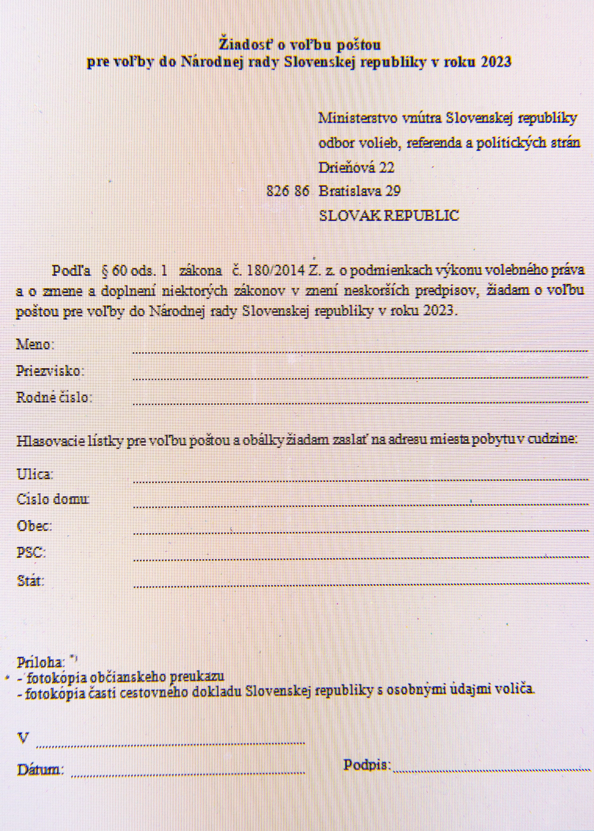 Žiadosť o voľbu poštou zo zahraničia pre voľby do Národnej rady SR v roku 2023.