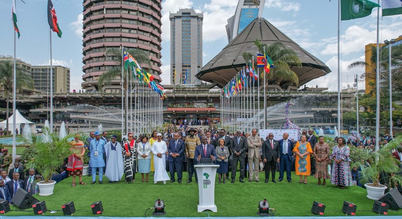 President William Ruto, at podium, flanked by African leaders at the Africa Climate Summit in Nairobi, September 6, 2023. Photo credits: Simon Maina, AFP