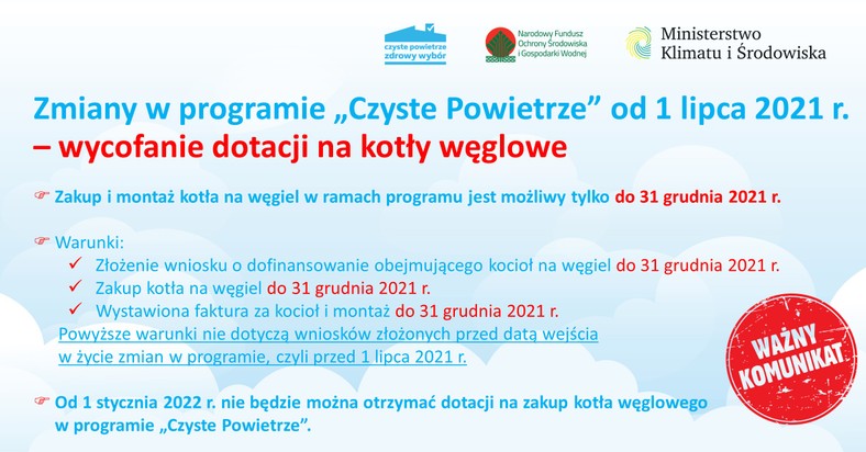 Zmiany w programie Czyste Powietrze od 1 lipca 2021 - węgiel