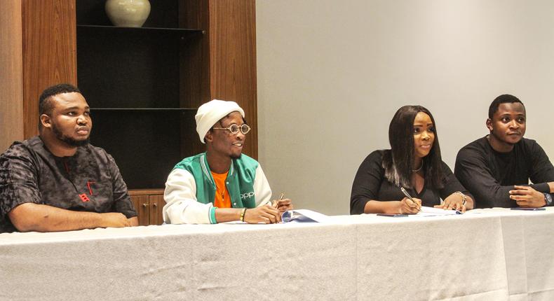    L - R: General Manager, Syracuse Africa, Adetola Durojaiye; Brand Partner, OPPO Mobile Nigeria, Olamilekan Moshood Agbeleshe; Marketing Manager, OPPO Mobile Nigeria, Nengi Akinola and Public Relations Manager, OPPO Mobile Nigeria, Joseph Adeola at the signing of Laycon as OPPO brand partner.