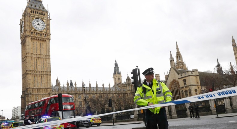 Police tapes off Parliament Square after reports of loud bangs, in London, Britain, March 22, 2017.