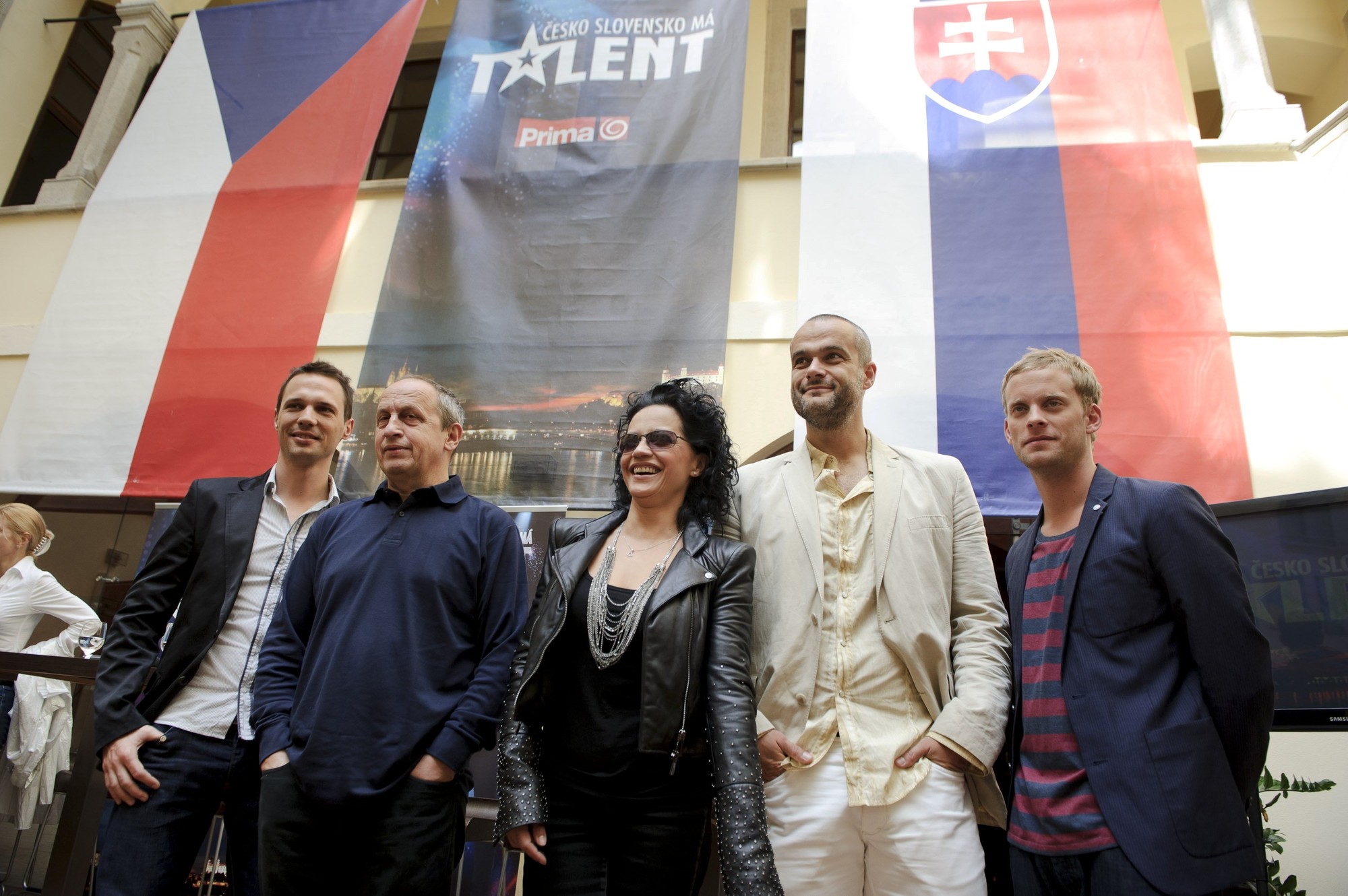 Martin Pyco Rausch, Jan Kraus, Lucie Bílá, Jaro Slávik a Jakub Prachař na tlačovej konferencii k projektu Česko Slovensko má talent v roku 2010.