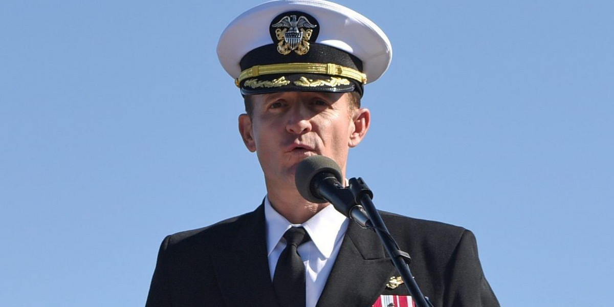 Captain Brett Crozier addresses the crew for the first time as commanding officer of the aircraft carrier USS Theodore Roosevelt