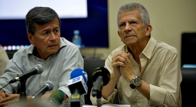 Pablo Beltrán (left) and Aureliano Carbonell, pictured in July 2019, represented the ELN in Cuban-hosted peace talks with the Colombian government