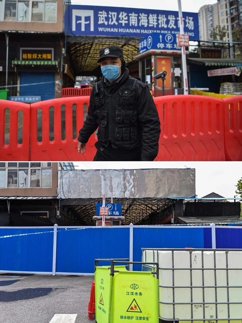 Vuhan nekad i sad (gore: 24. januar; dole: 1. april) - pijaca morske hrane na kojoj je prvi put detektovan virus