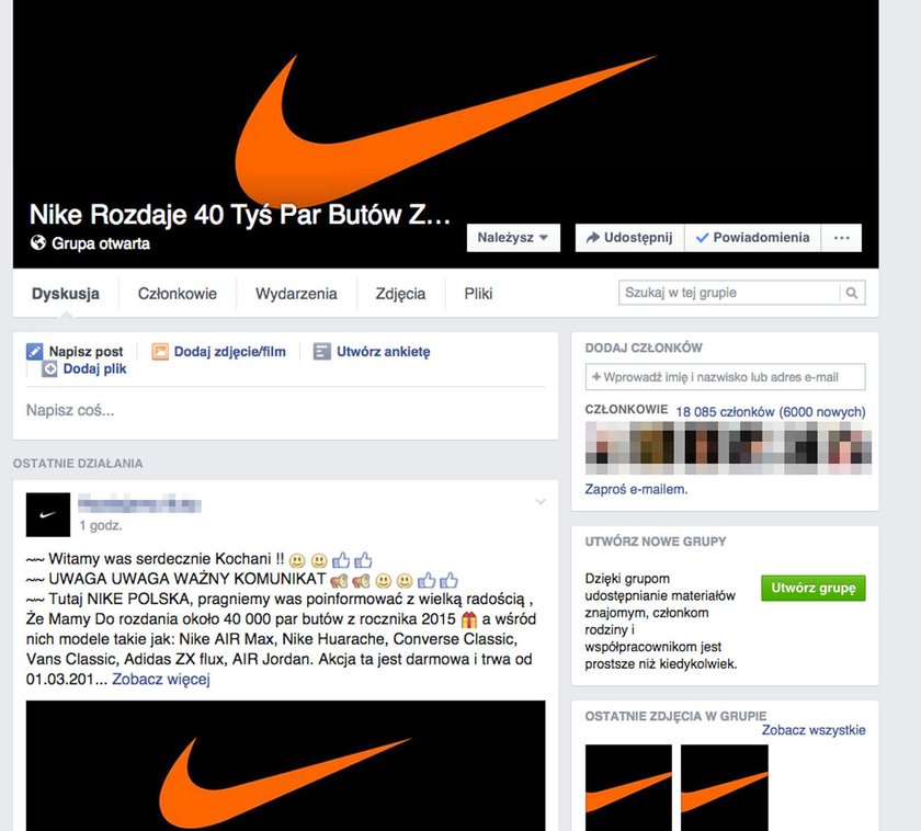 Oszustwo na Facebooku. Podszywają się pod NIKE Polska