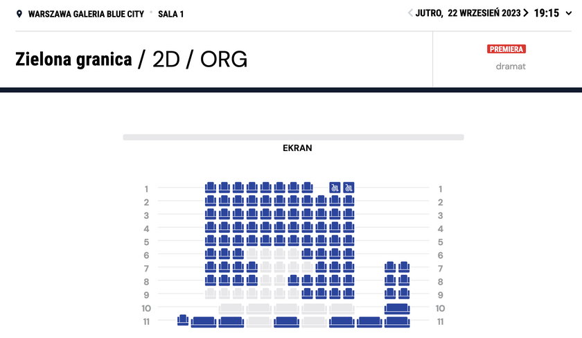 Rezerwacje biletów na film "Zielona granica". Sala w kinie Helios w Blue CIty. Na piątek na godz. 19.15 sprzedała się 1/3 biletów.