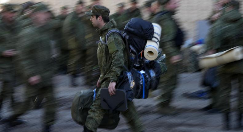 Russian citizens drafted during the partial mobilization are seen being dispatched to combat coordination areas after a military call-up for the Russia-Ukraine war in Moscow, Russia on October 10, 2022.Stringer/Anadolu Agency via Getty Images