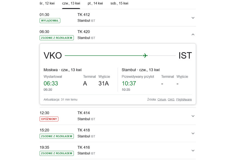 Rozkład lotów z Moskwy do Stambułu na czwartek 13.04.2023