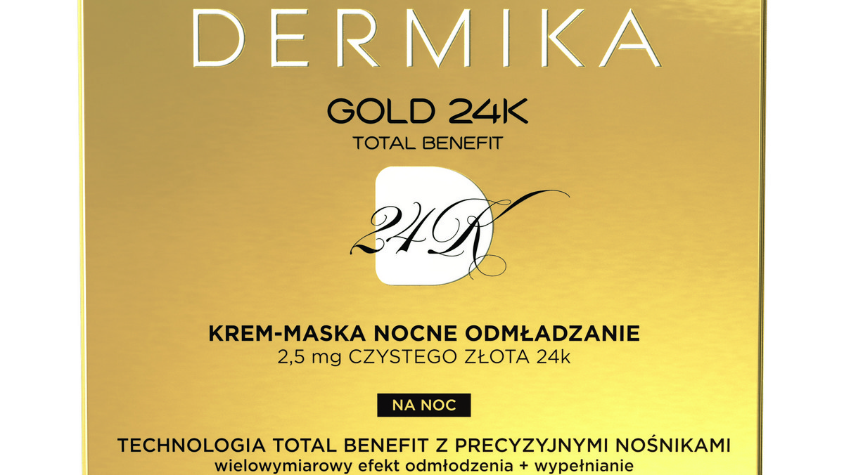 Dermika Gold24K Total Benefitt to seria wysokogatunkowych, ekskluzywnych preparatów stworzonych z myślą o cerze dojrzałej. W dojrzałym, innowacyjnym stylu podejmuje wyzwania, jakie stawia pielęgnacja skóry kobiet 45+, 55+ i 65+. Kremy Dermika Gold 24k Total Benefit to silna i kompleksowa terapia odmładzająca wygląd skóry. Receptury z technologią całościowej regeneracji Total Benefit gwarantują wieloaspektowe działanie pozostające w konotacji z potrzebami skóry. Skład poszerzony o czyste, 24 karatowe złoto, zapewnia  niezwykłość każdodziennej pielęgnacji i piękny wygląd cery.