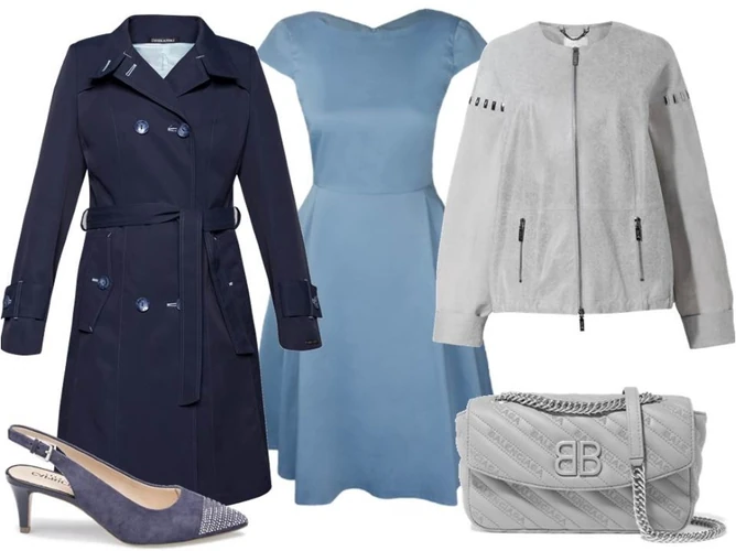 STYLIZACJE w kolorach nieba: płaszcz-Dziekański/dziekanski.pl, sukienka-More Moi/moremoi.pl, kurtka-Boca/boca.pl, buty-Caprice/caprice.pl, torebka-TK Maxx