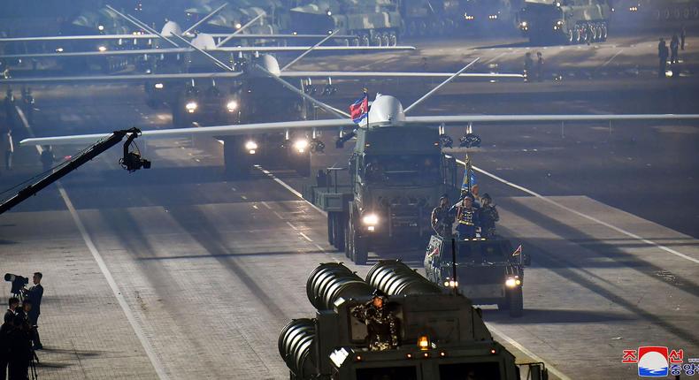 This photo provided by the North Korean government, shows what it says attack drones during a military parade at Kim Il Sung Square in Pyongyang, North Korea Thursday, July 27, 2023.Korean Central News Agency/Korea News Service via AP