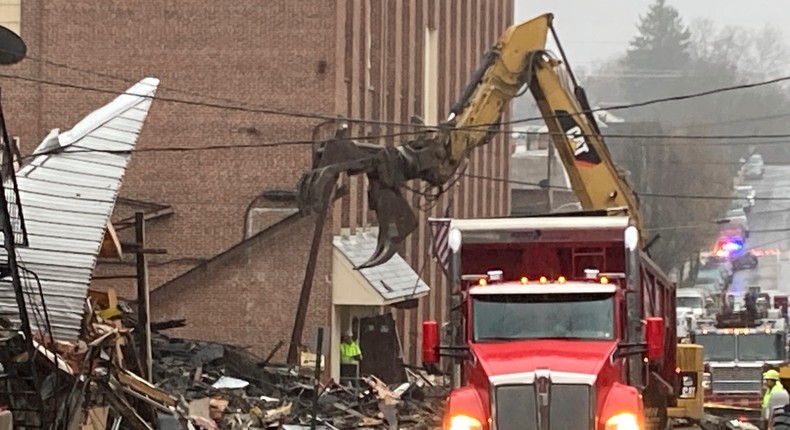 Cleanup and rescue crews are working through the debris of a Friday explosion at a chocolate factory in West Reading, Pennsylvania.Michael Rubinkam/The Associated Press