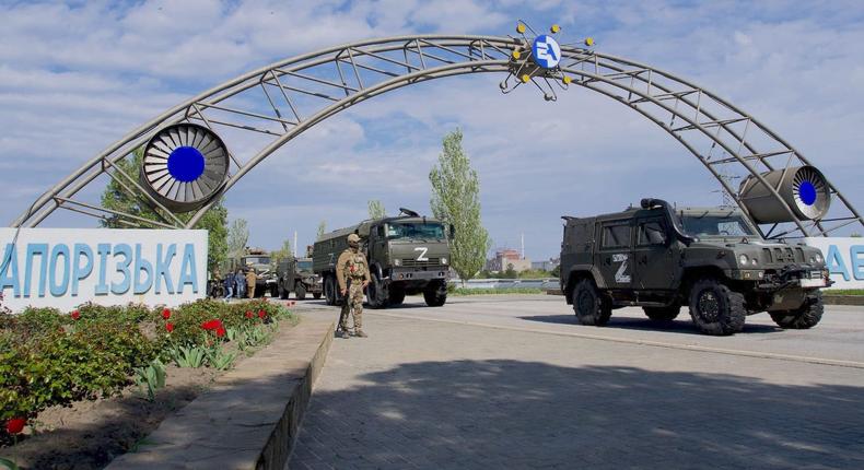 Russian military vehicles at the gates of the Zaporizhzhia nuclear power station in May 2022.ANDREY BORODULIN/AFP via Getty Images