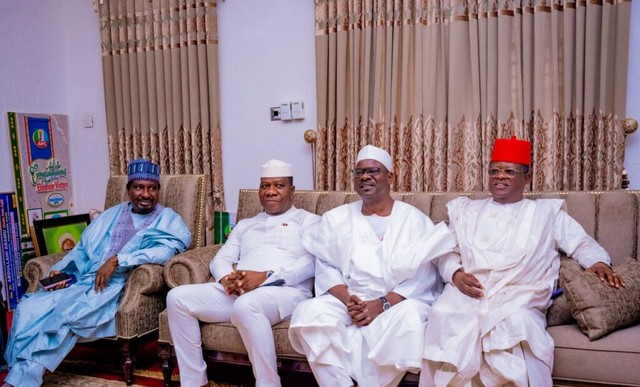 President of the Senate, Godswill Akpabio visits APC National Chairman, Senator Abdullahi Adamu. [Facebook:GodwillObotAkpabio]
