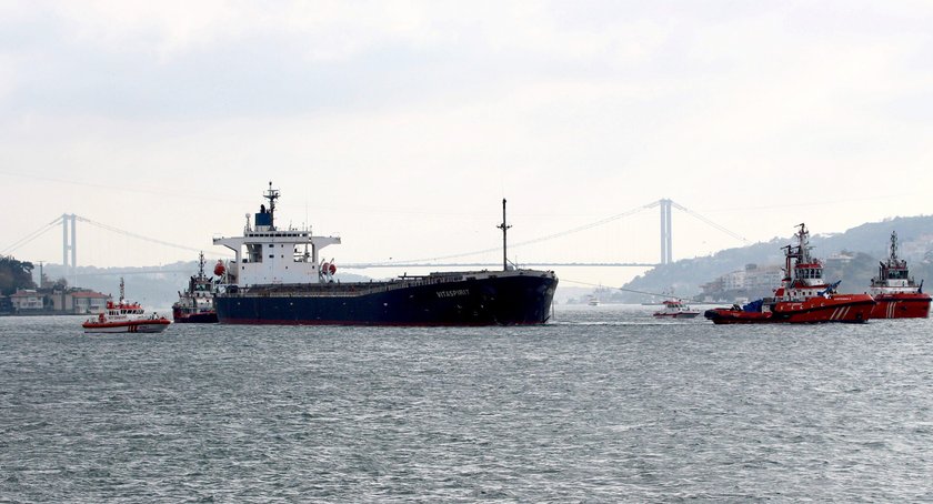 Maltese flagged tanker Vitaspirit is pictured after it crashed into a historic mansion in the Bospho