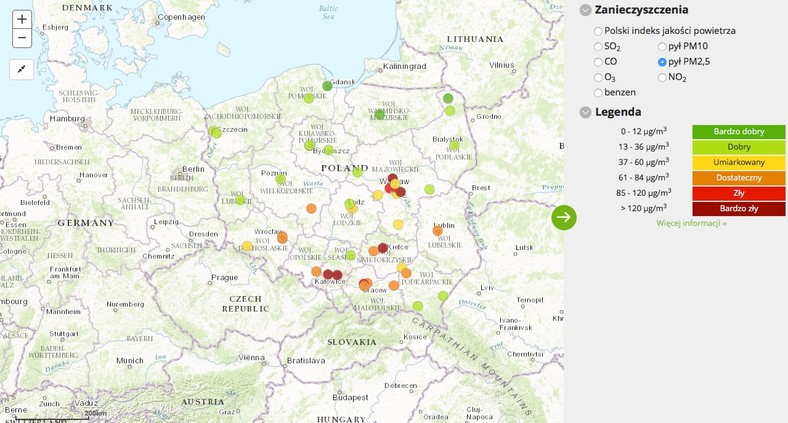 Stężenie pyłu PM2,5 - 2017-03-25 od godziny 04:00 do 05:00