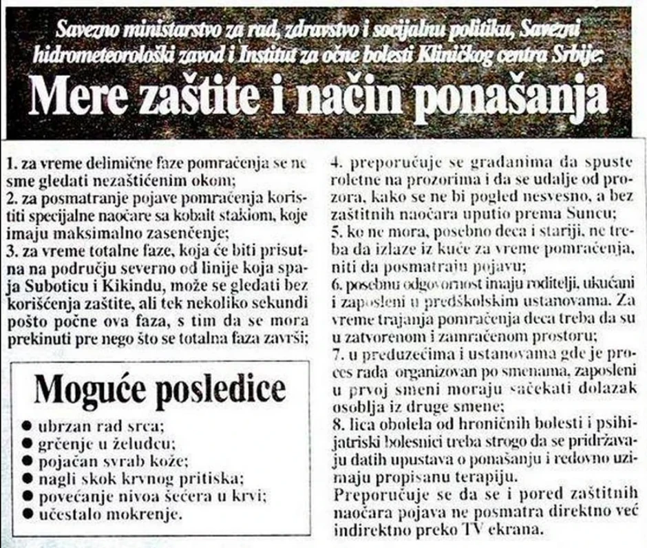 Pomračenje Sunca, isečak iz novina 1999. godine