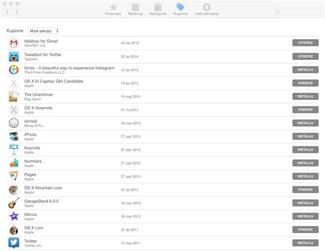 Historia zakupów w Mac App Store