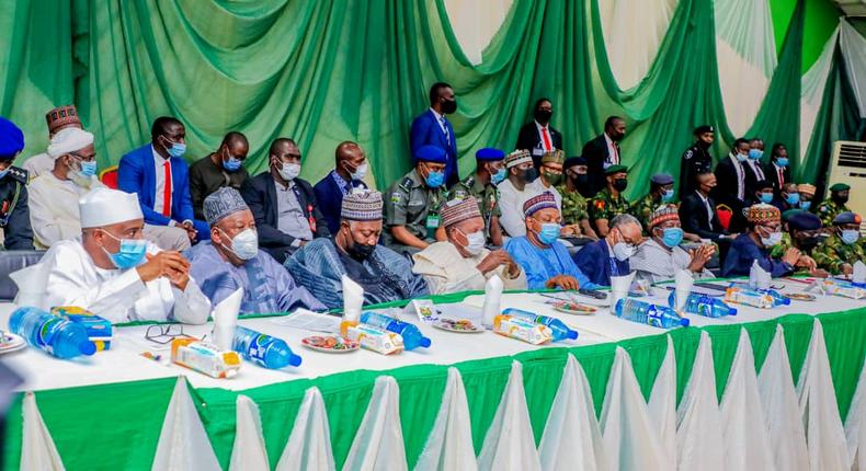 From left: Kano state Governor, Abdullahi Ganduje; Nasir El Rufai of Kaduna state and Plateau's Governor Simon Lalong at the meeting of Northern governors and elders in Abuja on Monday, February 15, 2021. [Twitter/@InsideKaduna]