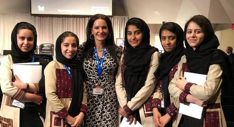 Allyson Reneau with some members of the all-girl robotics team from Afghanistan.
