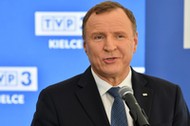 Kielce, 14.09.2021. Prezes Zarządu TVP Jacek Kurski podczas uroczystości wbicia łopaty pod budowę nowej siedziby TVP 3 Kielce