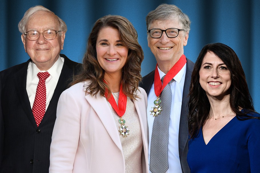 Najwięksi filantropi świata (od lewej): Warren Buffett, Melinda i Bill Gatesowie, MacKenzie Scott