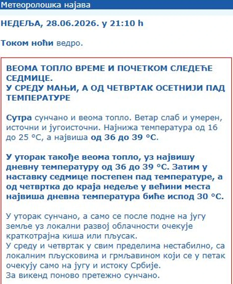 Vremenska prognoza za narednu sedmicu