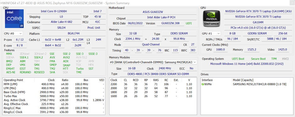 Asus ROG Zephyrus M16 (GU603ZW) – HWiNFO64 – podstawowa specyfikacja laptopa
