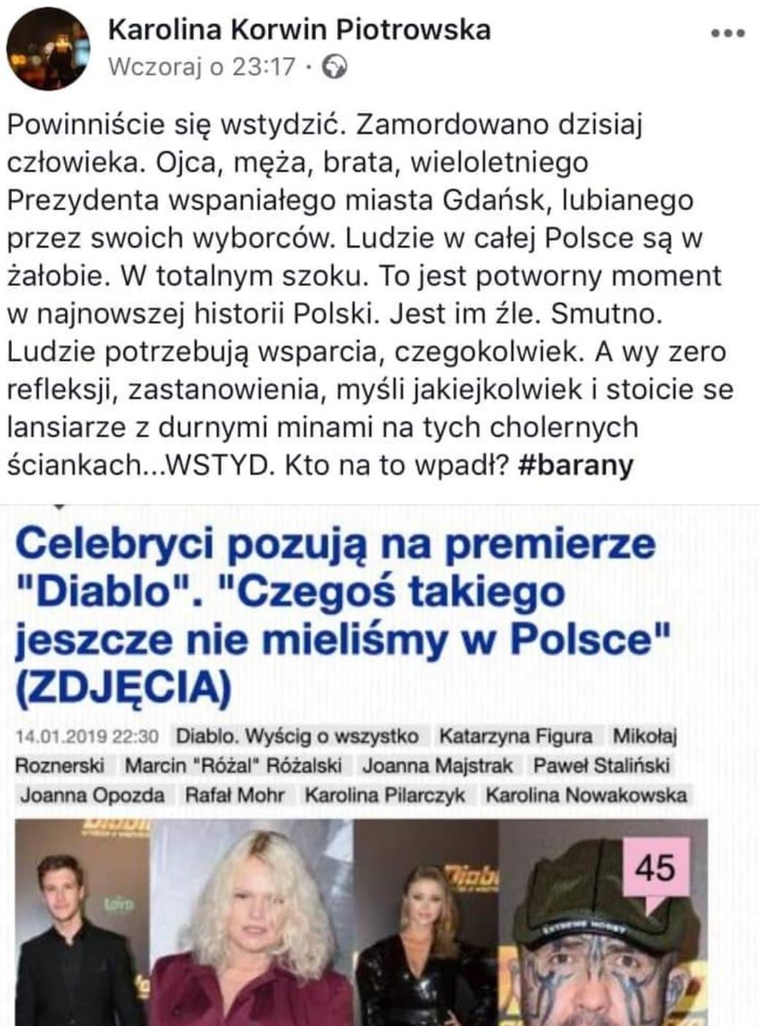 Wpis Karoliny Korwin-Piotrowskiej dotyczący premiery filmu "Diablo"