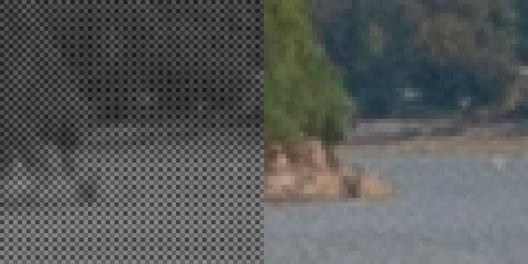 Obrazek z lewej strony pokazuje, jak scenę z prawej strony „widzi” matryca aparatu przed obróbką danych – w odcieniach szarości i w kratkę.