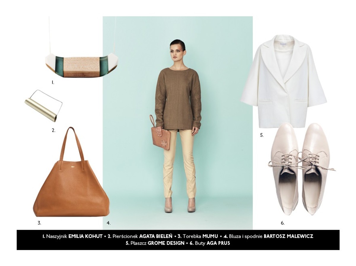 •	Płaszcz LOUS 690zł •	Spódnica PAJONK 360zł •	Top PAJONK 360zł •	Bransoletka ME-LIKE 149zł •	Torebka ME&BAGS 699zł •	Szpilki BOHEMA 289zł