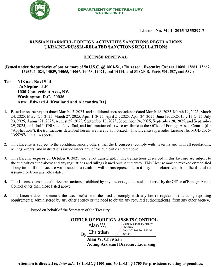 Licenca oko sankcija NIS-u